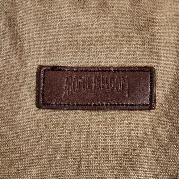 Atomic Freedom Distressed Leather & Canvas Grey Tote Bag Green Lining Grunge - Picture 3 of 11